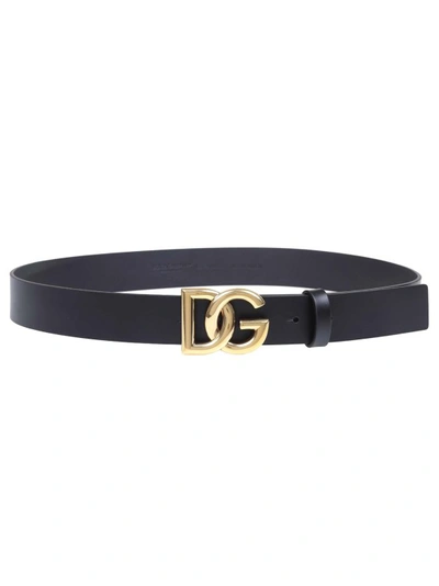 Shop Dolce & Gabbana Metal Crossed Dg Logo Calfskin Belt In Black