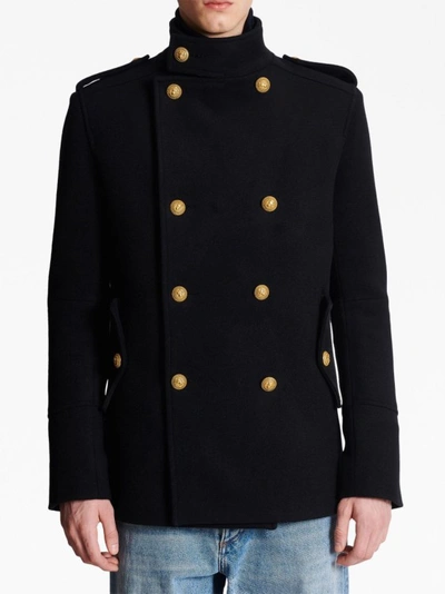Shop Balmain Black Double Breasted Coat