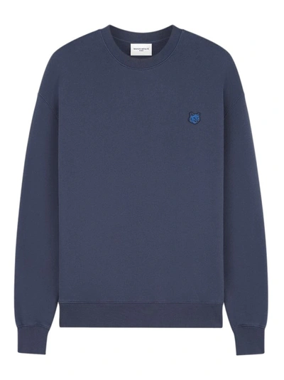 Shop Maison Kitsuné Cotton Sweatshirt With Ton-sur-ton Patch In Blue