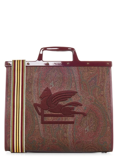 Shop Etro Medium Red Paisley Jacquard Canvas Shopping Bag In Brown