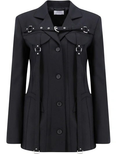 Shop Off-white Wool Blend Blazer With Straps Detail In Black