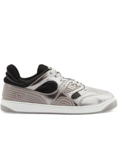 Shop Gucci Leather Basket Sneakers In Silver