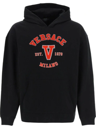 Shop Versace Hooded Cotton Logo Sweatshirt In Black