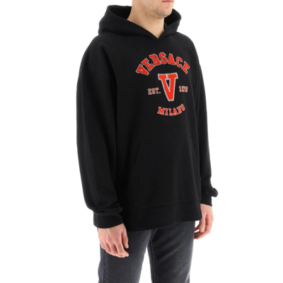 Shop Versace Hooded Cotton Logo Sweatshirt In Black