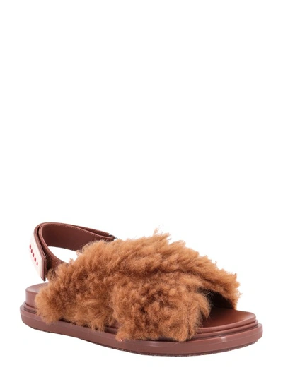Shop Marni Leather Sandals With Faux Fur In Brown