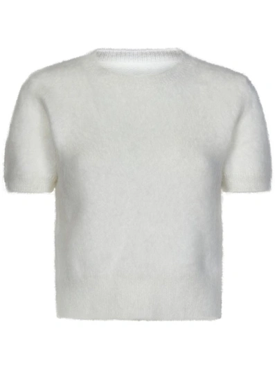 Shop Maison Margiela Cropped Off-white Short-sleeved Sweater