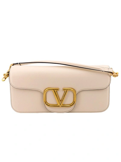 Shop Valentino Vlogo Signature Buckle Leather Shoulder Bag In Neutrals