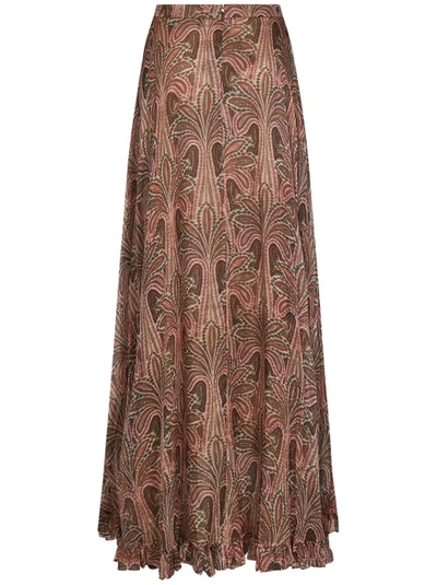 Shop Etro Long Pink Crepon Silk Skirt In Brown
