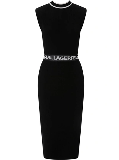 Shop Karl Lagerfeld Ribbed Viscose Dress With Logo Prit In Black