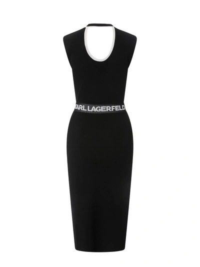 Shop Karl Lagerfeld Ribbed Viscose Dress With Logo Prit In Black