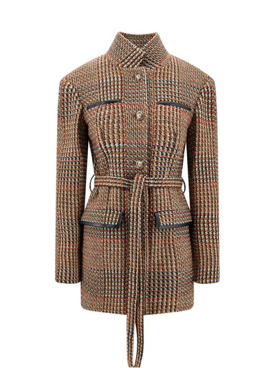 Shop Stella Mccartney Wool Coat With Multicolor Embroideries In Brown