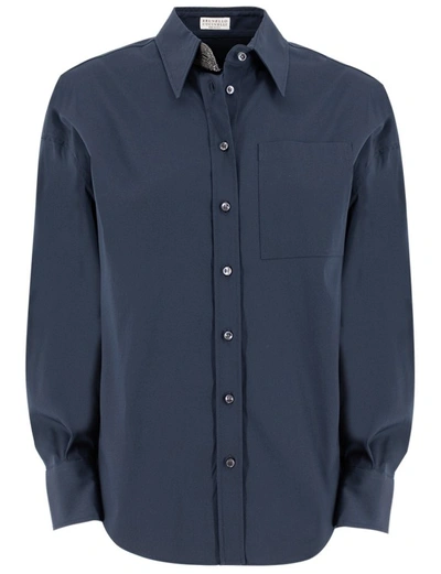 Shop Brunello Cucinelli Stretch Cotton Poplin Shirt In Blue