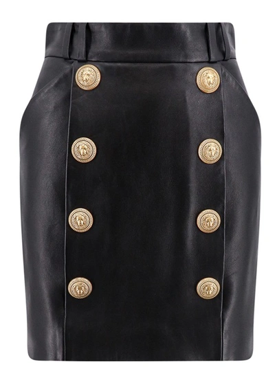Shop Balmain Leather Skirt With Iconic Buttons In Black