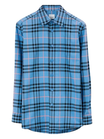 Shop Burberry Blue Check Cotton Shirt