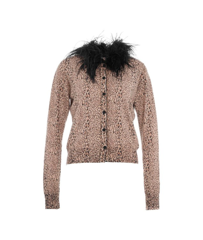 Shop Twinset Cardigan With Feather Collar In Brown