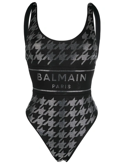 Shop Balmain Rhinestone Embellished Logo Swimsuit In Black