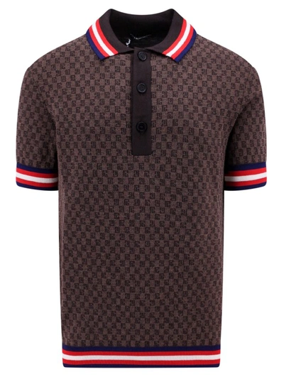 Shop Balmain Merino Wool Polo Shirt With All-over Monogram In Brown