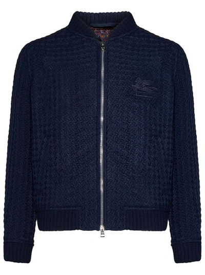Shop Etro Navy Blue Intarsia Knit Bomber Jacket