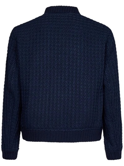 Shop Etro Navy Blue Intarsia Knit Bomber Jacket