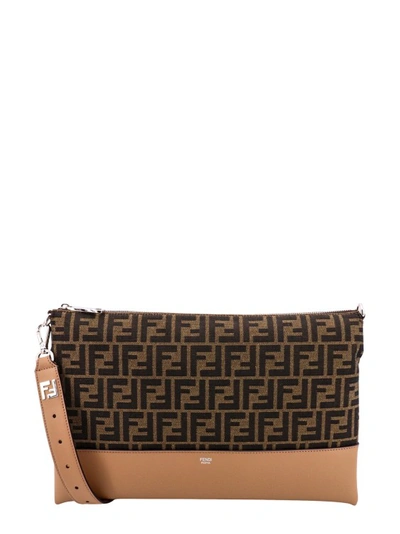 Shop Fendi Ff Fabric And Leather Clutch In Brown