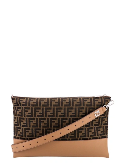 Shop Fendi Ff Fabric And Leather Clutch In Brown
