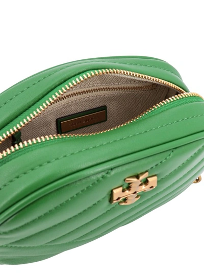 Shop Tory Burch Quilted Leather Shoulder Bag With Metal Logo In Green
