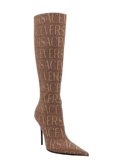 Shop Versace Canvas Boots With All-over Logo In Brown