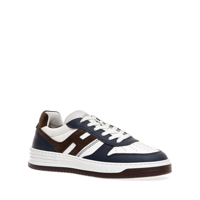 Shop Hogan Basket Sneakers In White And Blue Leather In Black