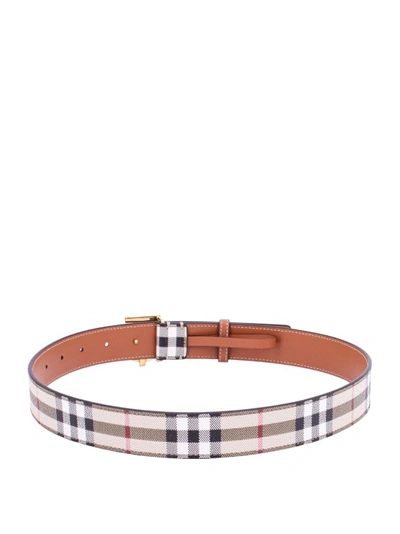 Shop Burberry Iconic Check Coated Canvas And Leather Belt In Neutrals