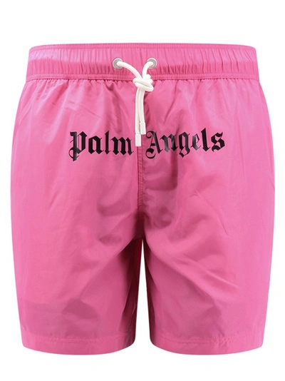 Shop Palm Angels Nylon Swim Trunk With Logo Print In Pink