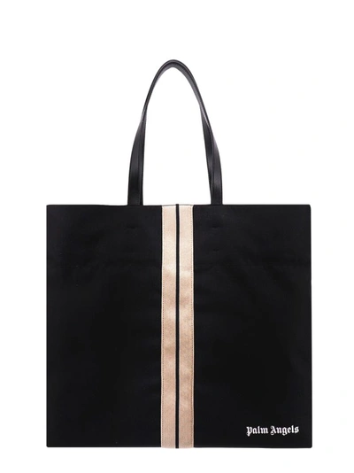Shop Palm Angels Canvas Shoulder Bag With Iconic Frontal Band In Black