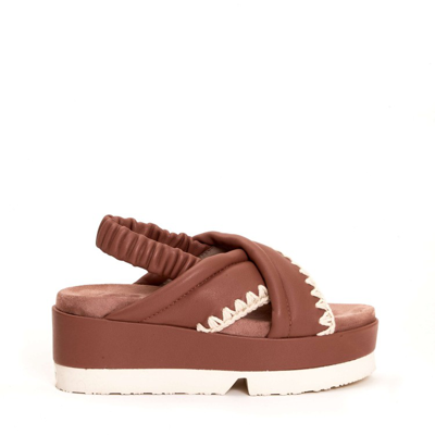 Shop Mou Crossed Wedge Sandal In Antique Pink Leather In Brown