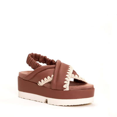 Shop Mou Crossed Wedge Sandal In Antique Pink Leather In Brown
