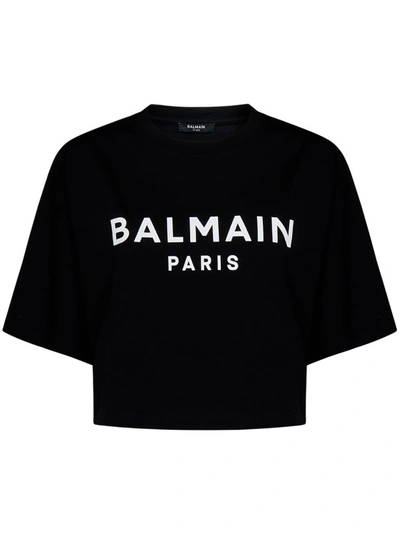 Shop Balmain Black Logo Print Cropped T-shirt