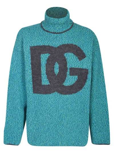 Shop Dolce & Gabbana Signature Intarsia-knit Logo High Neck Pullover In Blue