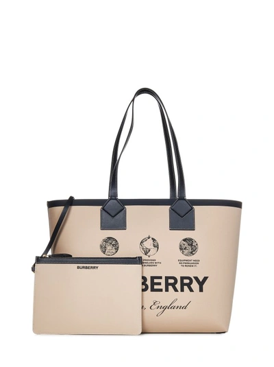 Shop Burberry Beige Cotton Canvas Handbag In Neutrals