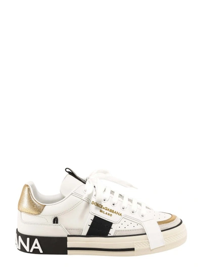 Shop Dolce & Gabbana Leather Sneakers With Logo Detail In Neutrals