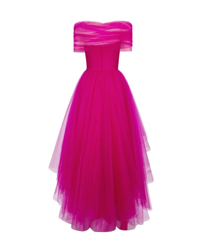 Shop Gemy Maalouf Asymmetrical Tulle Fuchsia Dress - Long Dresses In Pink