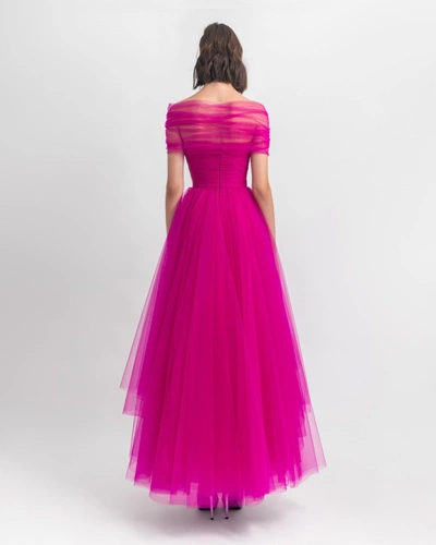 Shop Gemy Maalouf Asymmetrical Tulle Fuchsia Dress - Long Dresses In Pink