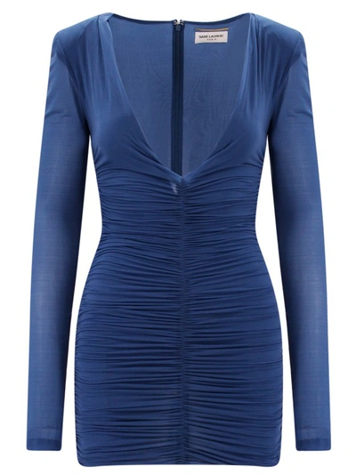Shop Saint Laurent Draped Fabric Dress In Blue