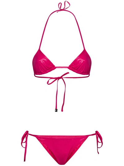 Shop Attico Fuchsia Wet-look Lycra Triangle Bikini In Pink