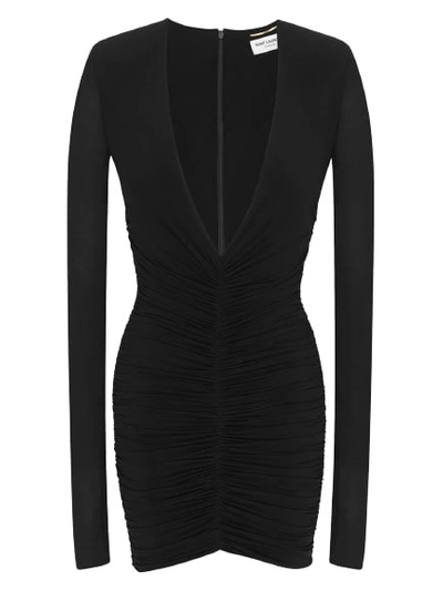 Shop Saint Laurent Long Sleeve Mini Dress Black