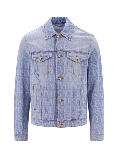 Shop Versace Denim Shirt With All-over Logo Print In Blue