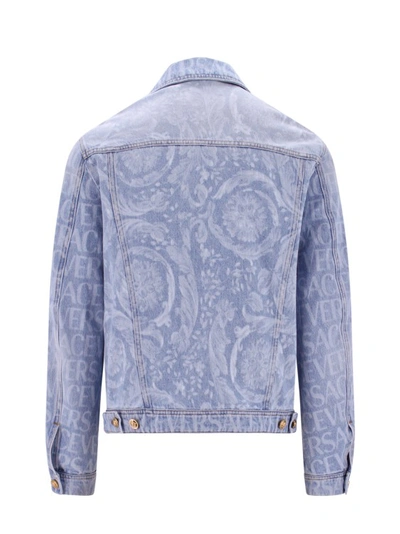 Shop Versace Denim Shirt With All-over Logo Print In Blue