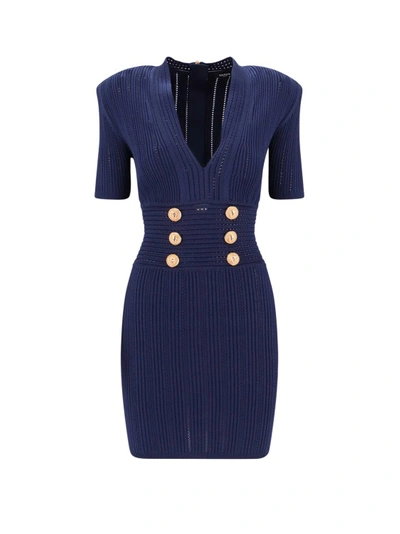 Shop Balmain Knit Dress With Iconic Metal Buttons In Blue
