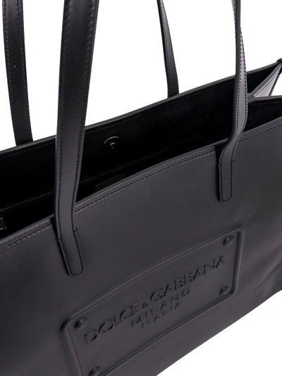 Shop Dolce & Gabbana Leather Shopping Bag With Embossed Logo In Black