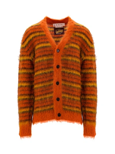 Shop Marni Mohair Blend Cardigan With Striped Motif In Orange