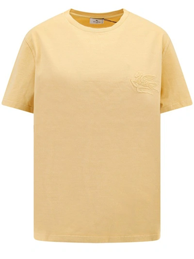 Shop Etro Frontal Pegaso Logo Yellow Cotton T-shirt