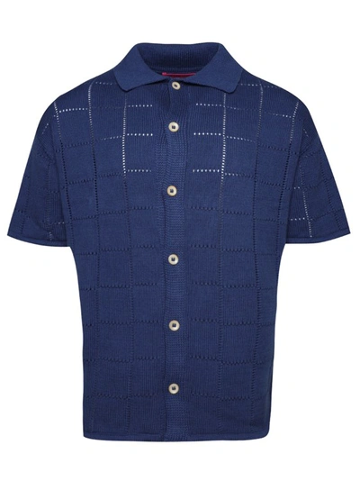 Shop The Elder Statesman Grid Pointelle Short Sleeve Shirt In Blue
