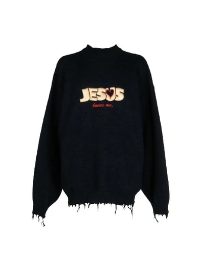 Shop Vetements Jesus Loves You Destroyed Sweater In Blue